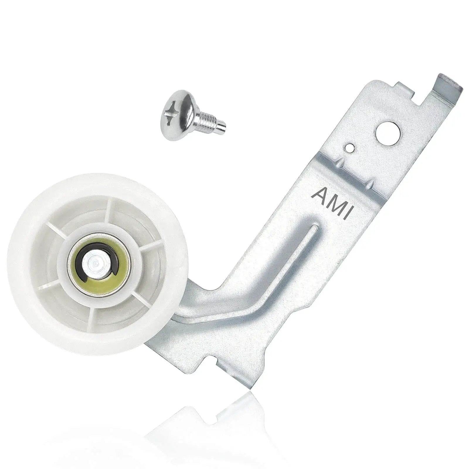 Single dryer idler pulley assembly with upgraded dual sealed ball bearings, replaces PD00032419 DC96-00882B Visible with mounting bracket and screw