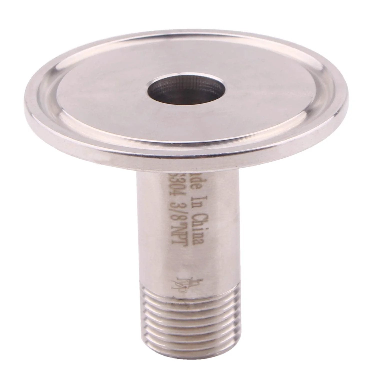Stainless Steel 304 Tri Clamp Pipe Fitting To 1.5 Inch Ferrule For 50.5mm Connection With 3/8 Inch NPT Thread And High Temp Silicone Gasket Included Heavy Duty Sanitary Food Grade Fittings For Dairy Beverage Applications, showing side view.