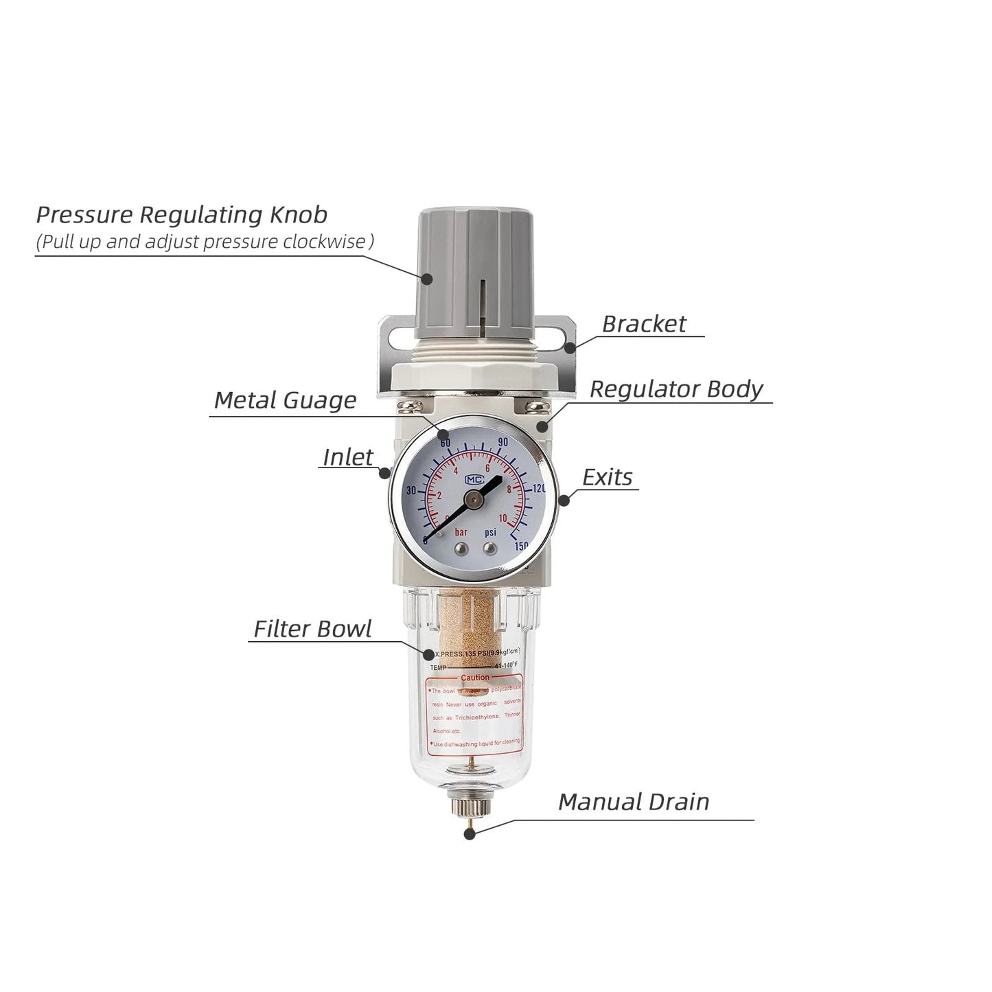 Pneumatic Air Compressor Filter Regulator Combo Pro Grade Quarter Inch NPT 150 PSI With Adjustable Gauge Water Separator Metal Bracket Manual Drain 5 Micron Brass Cartridge front view