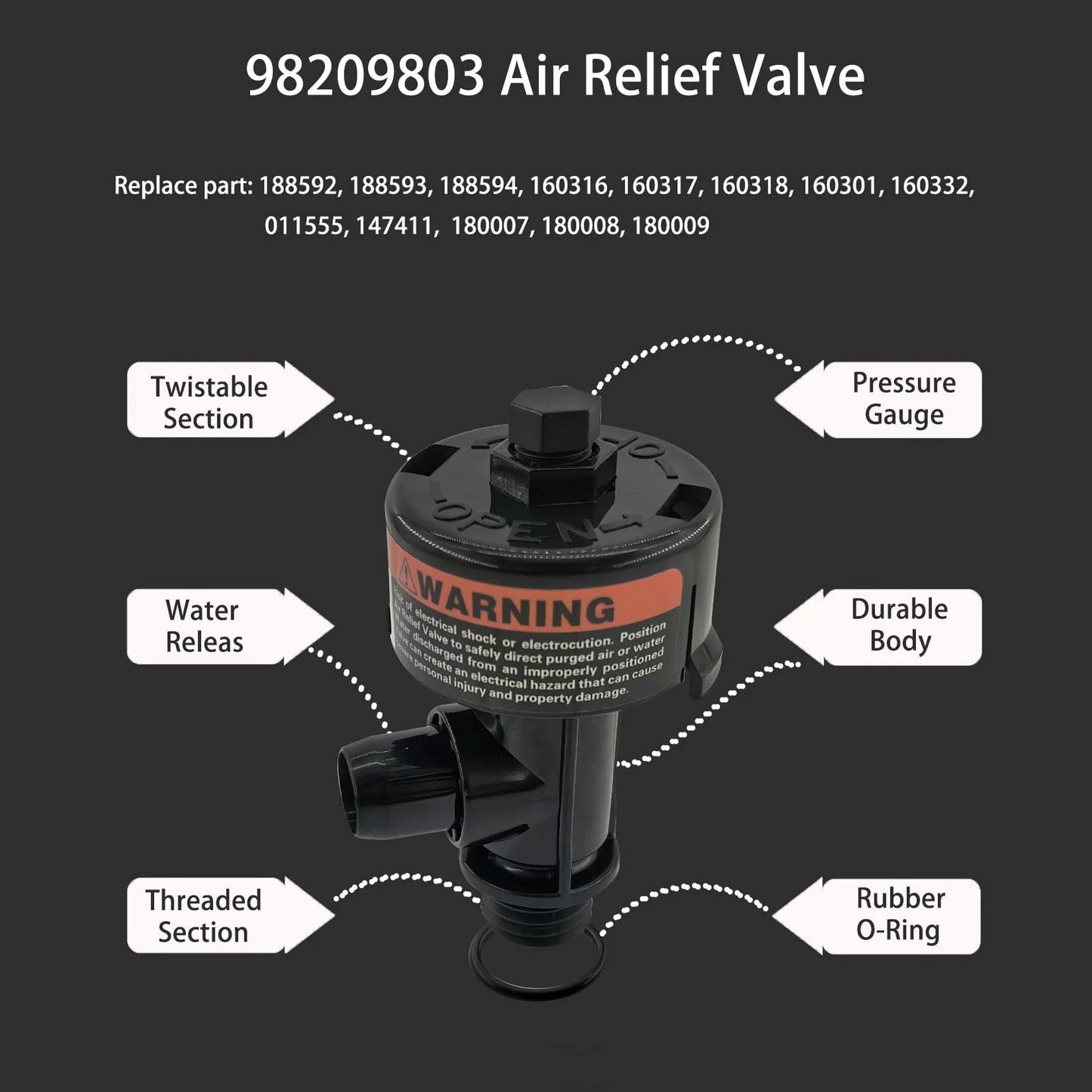 High Flow Manual Air Relief Valve With Pressure Gauge For Swimming Pool And Spa Filters, labeled parts, model 98209803