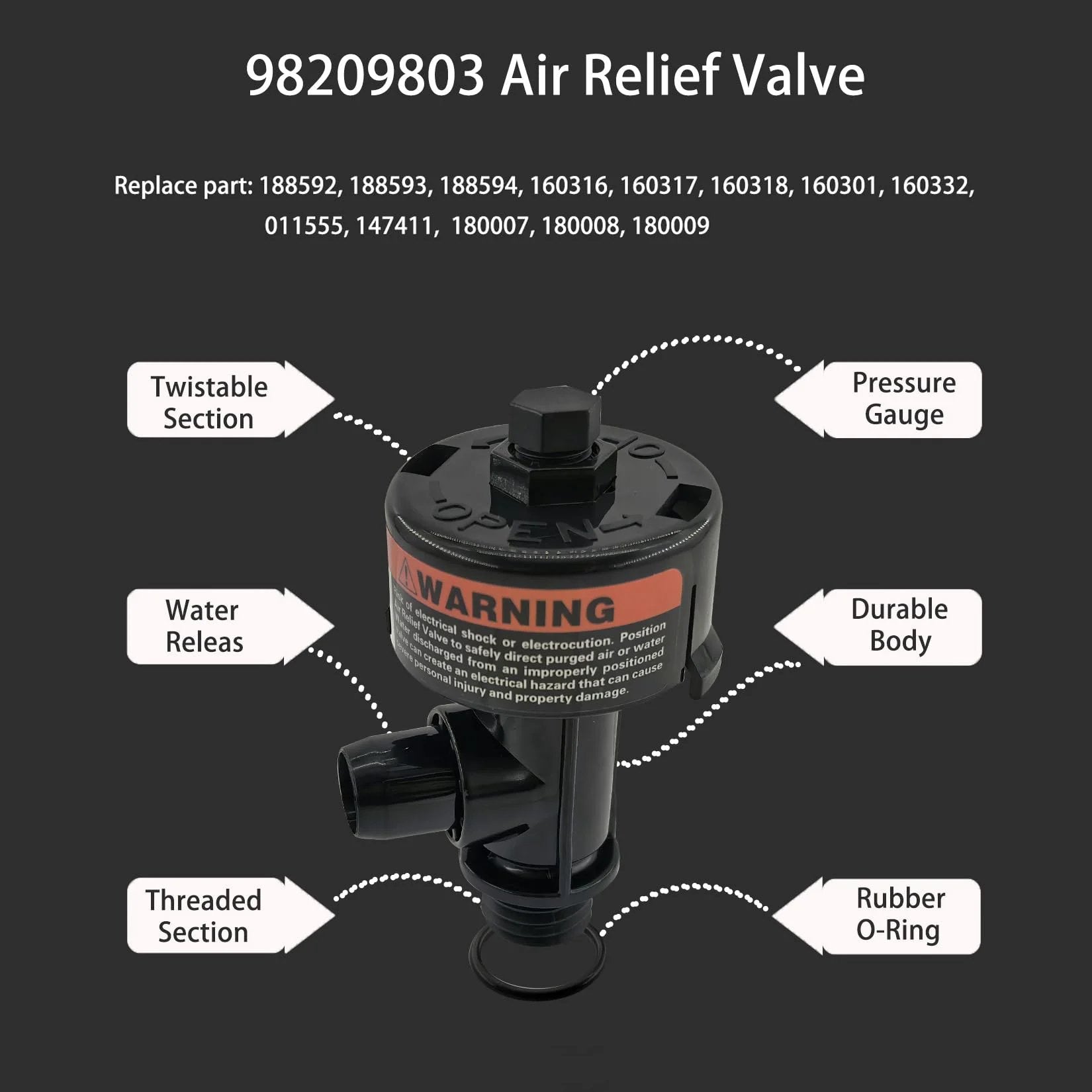 High Flow Manual Air Relief Valve With Pressure Gauge For Swimming Pool And Spa Filters, labeled parts, model 98209803