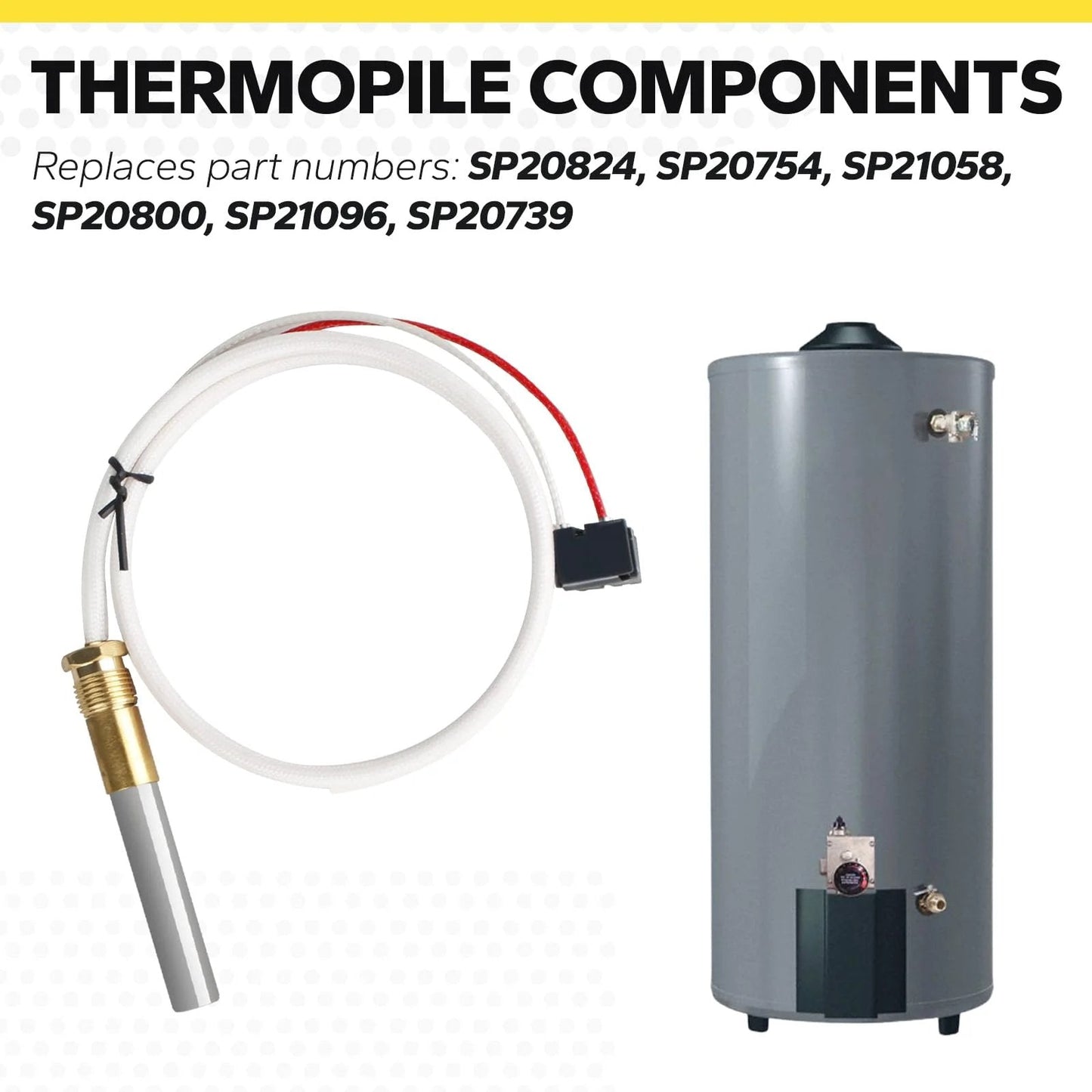 Thermopile Replacement For Water Heaters No Fuss Install Compatible With Pilot Burner Parts SP20824 SP20754 SP21058 SP20800 SP21096 SP20739 Rheem Ruud Richmond shown with water heater and components
