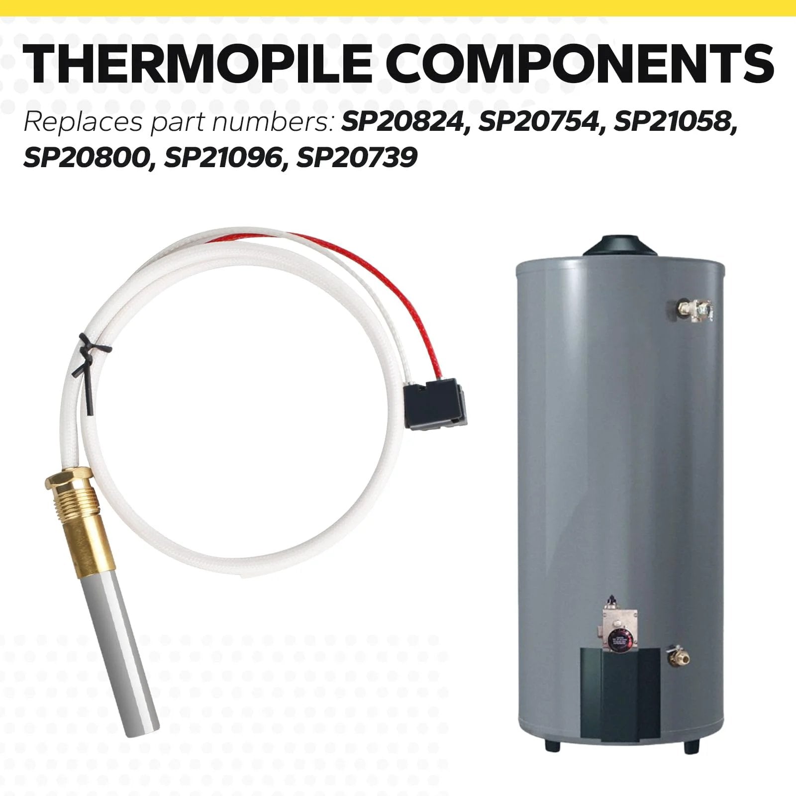 Thermopile Replacement For Water Heaters No Fuss Install Compatible With Pilot Burner Parts SP20824 SP20754 SP21058 SP20800 SP21096 SP20739 Rheem Ruud Richmond shown with water heater and components