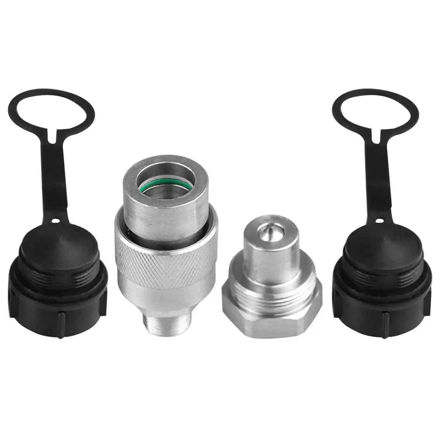 Three Eighths Inch Hydraulic Quick Coupler Set That Replaces Enerpac C604 And Parker 3000 Series, includes two dust caps, front view.