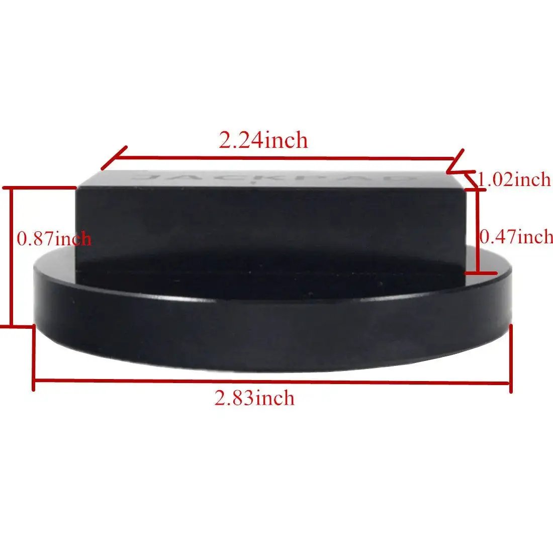Anodized Black CNC Aluminum Jack Pad Adapter For Safe Vehicle Lifts, black round base with dimensions shown, side view.