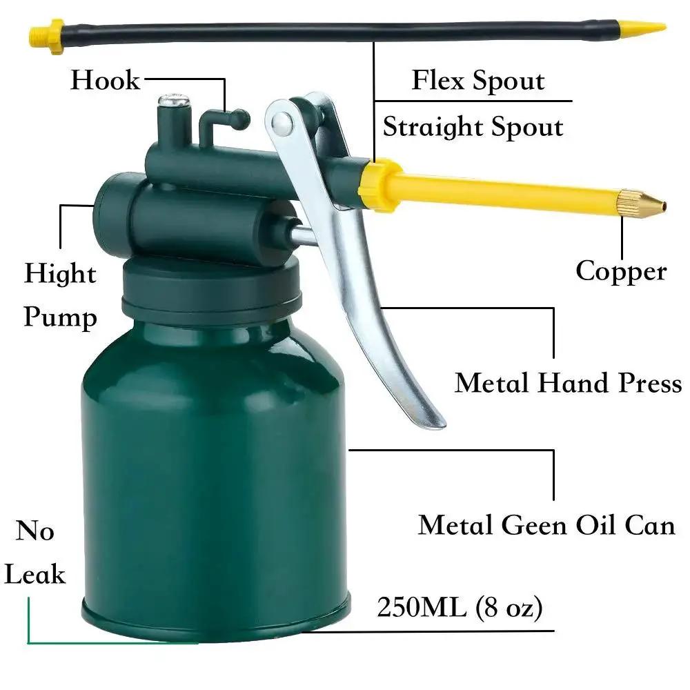Green Metal Oil Can Set With Two Complete Sets Of Spouts For Precision Oiling Of Machinery And Automotive Parts Includes A 9 Inch Flexible Spout And 3 Inch Straight Spouts One Yellow Spout Zinc Plated Nozzles And A Durable Epoxy Finish