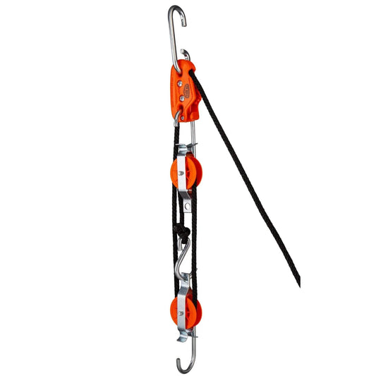 Self Locking Block and Tackle Hoist System With 35 Ft Polypropylene Rope, 300 Lb Capacity, showing orange pulleys and black rope