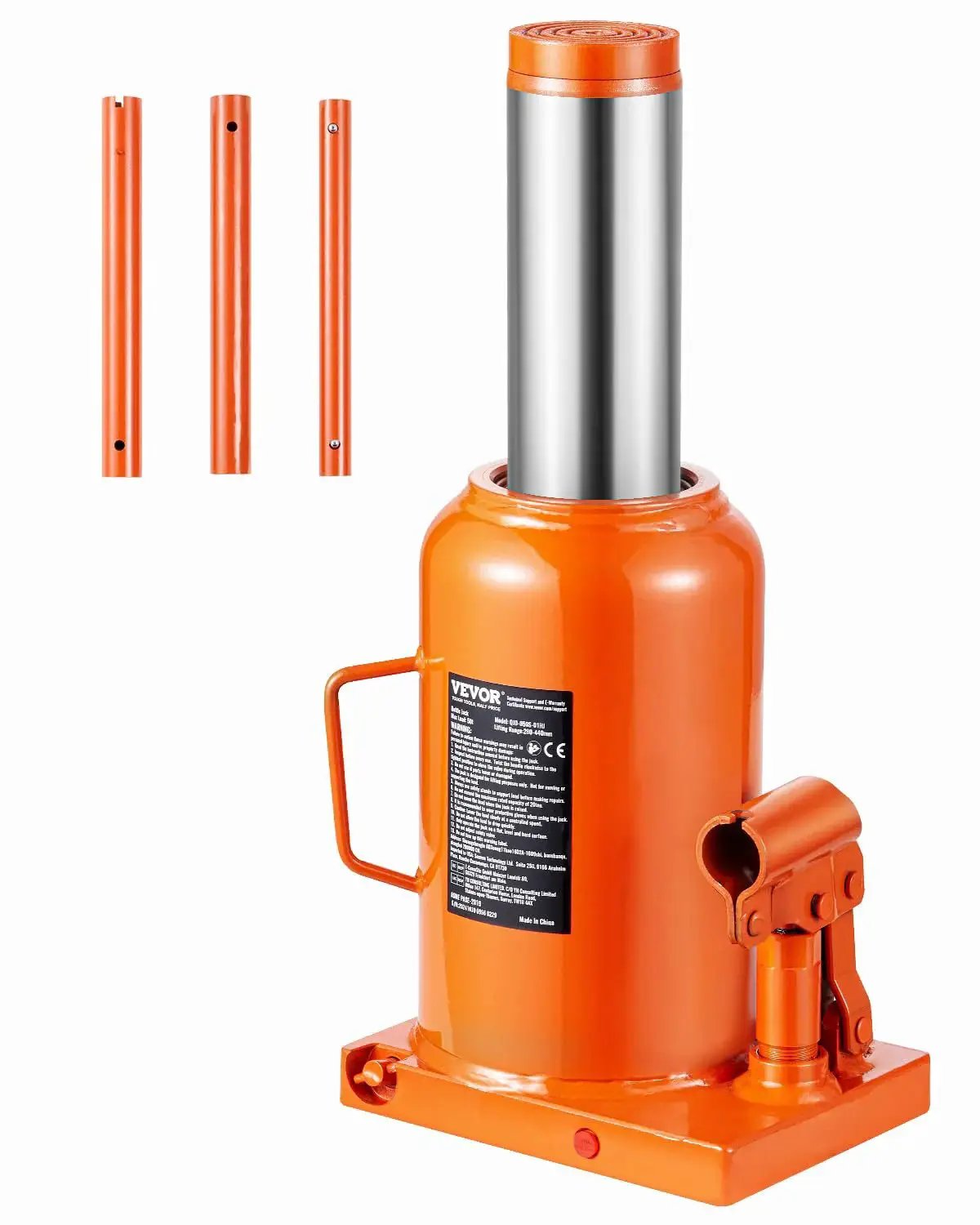 Orange 50 Ton Hydraulic Bottle Jack With 11 To 17 Inch Lift And 3 Section Handle visible on a white background