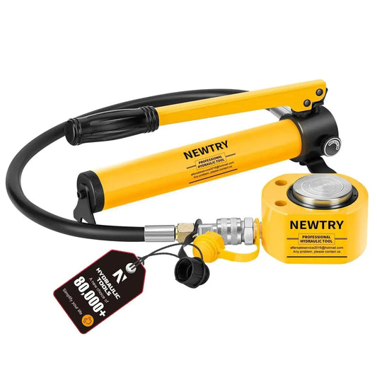 20 Ton Low Profile Hydraulic Porta Power Kit With CP180 Pump And Mini Cylinder, showing pump and cylinder in yellow.
