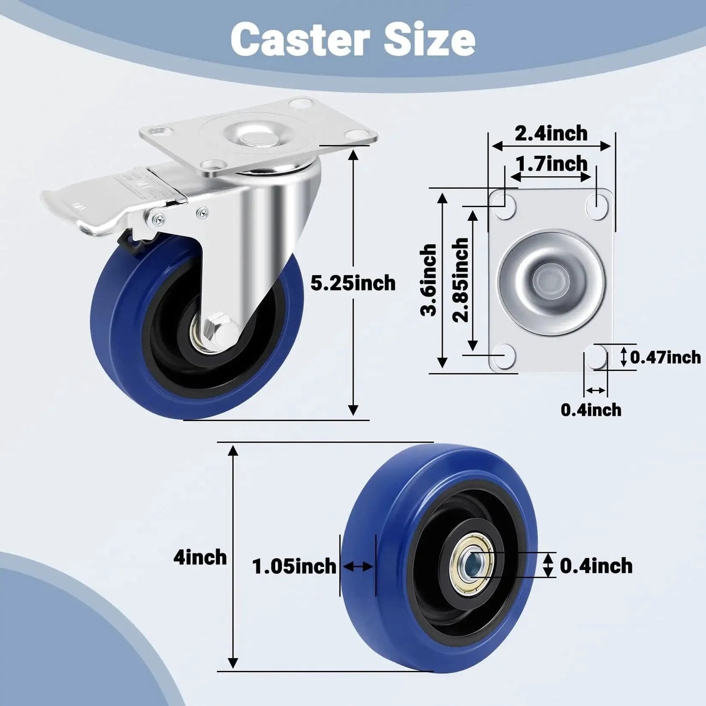 4 Inch Soft Rubber Caster Wheels With Brakes Heavy Duty Plate Swivel Castors Industrial Grade 1800 Lb Capacity Blue Floor Safe Casters For Road Cases Dollies Equipment And Machinery Cushioned Shock Absorption For Smooth Quiet Rolling size dimensions shown