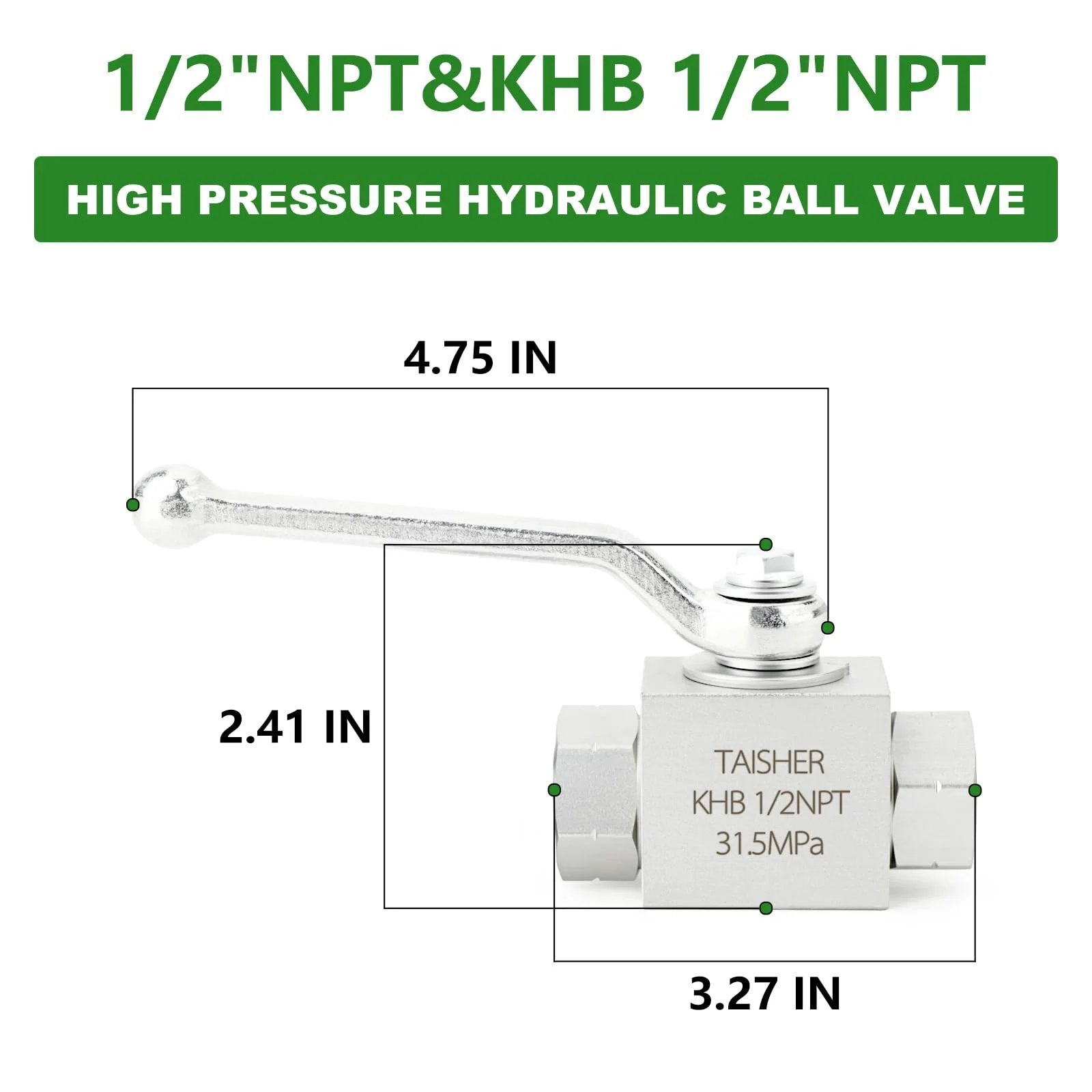 Diagram of Heavy-Duty 1/2 Inch NPT High Pressure Hydraulic Ball Valve With Carbon Steel Body, Galvanized Finish, in front view.