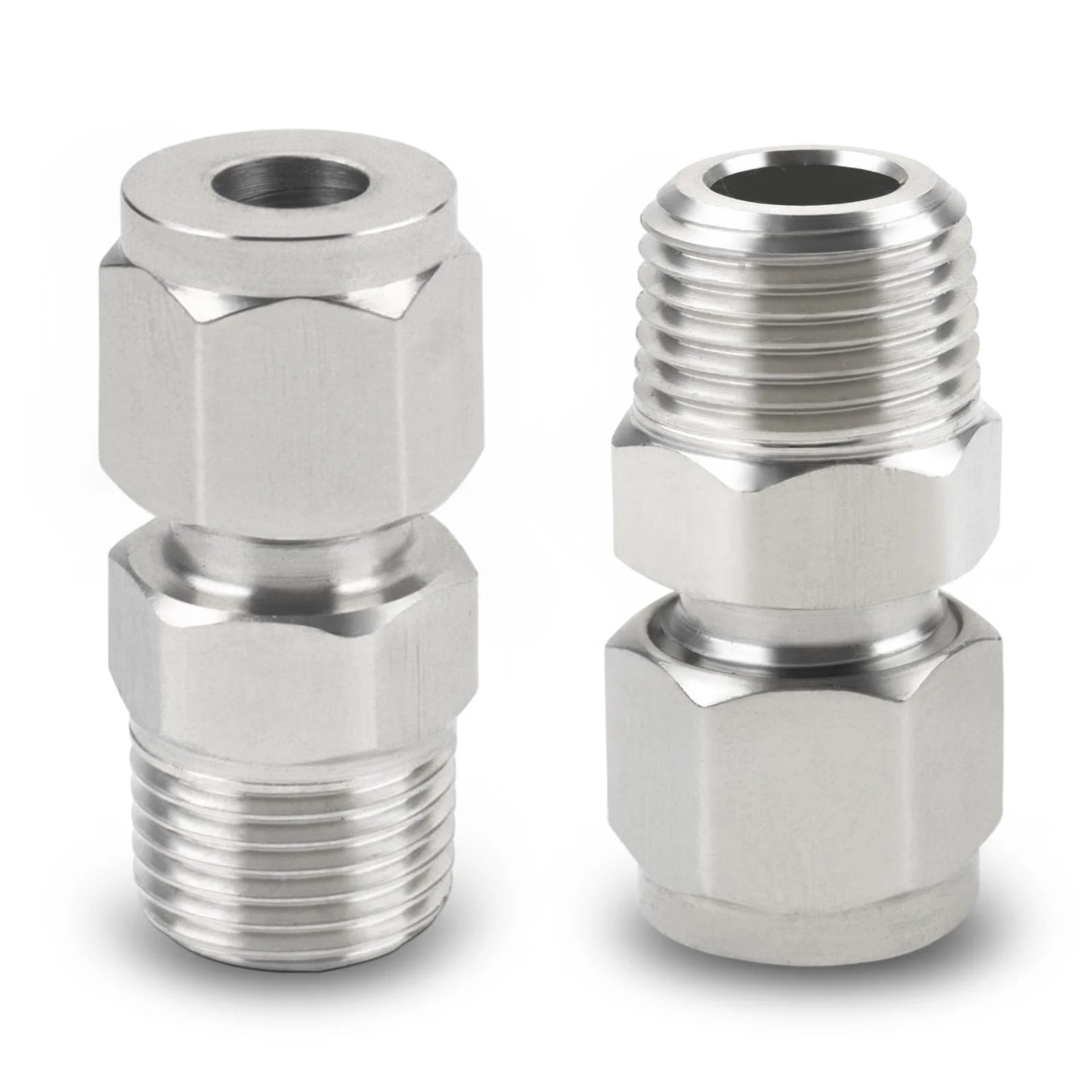 304 Stainless Steel Compression Tube Fitting Adapter One Eighth Inch NPT Male To Six Millimeter Tube Outer Diameter With Double Ferrules Two Pack For High Strength, Corrosion Resistance, And Leak Free Connections, front view of adapters