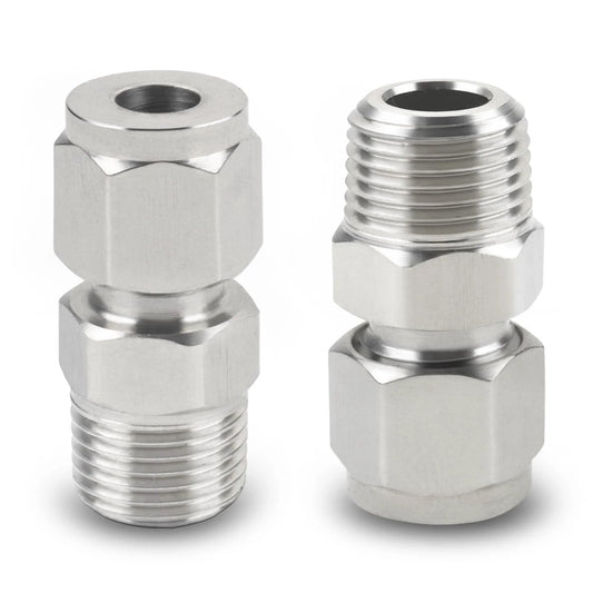 304 Stainless Steel Compression Tube Fitting Adapter One Eighth Inch NPT Male To Six Millimeter Tube Outer Diameter With Double Ferrules Two Pack For High Strength, Corrosion Resistance, And Leak Free Connections, front view of adapters
