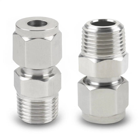 Stainless Steel 304 Compression Tubing Fitting Straight Adapter With Twin Ferrules, Three Eighths Inch OD To Three Eighths Inch NPT Male