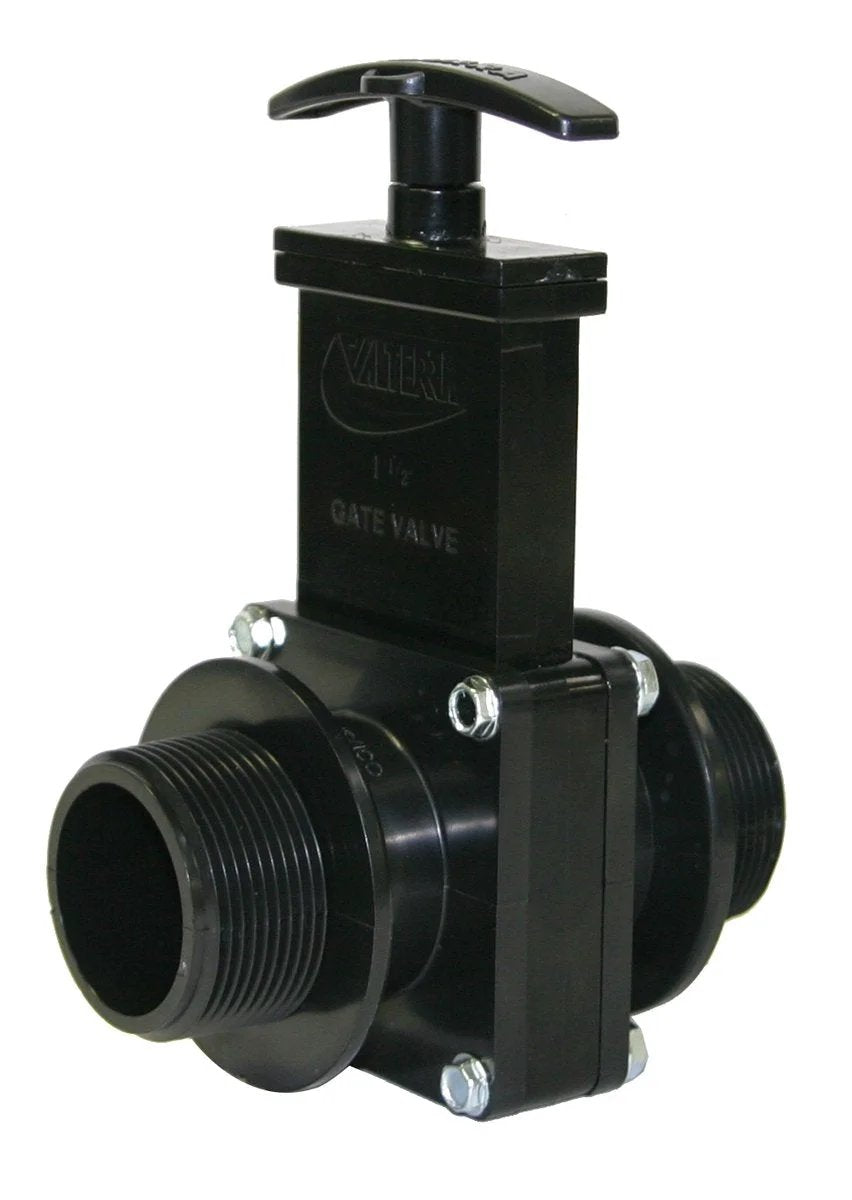 Heavy Duty ABS Gate Valve With Unrestricted Flow And Quick Shut Off Push Pull Operation One And A Half Inch Male Pipe Thread Black Model 7104 Valterra
