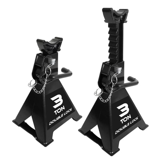 Heavy Duty 3 Ton Steel Jack Stands With Double Locking Pins 2 Pack, close-up on dual locking pins and steel construction