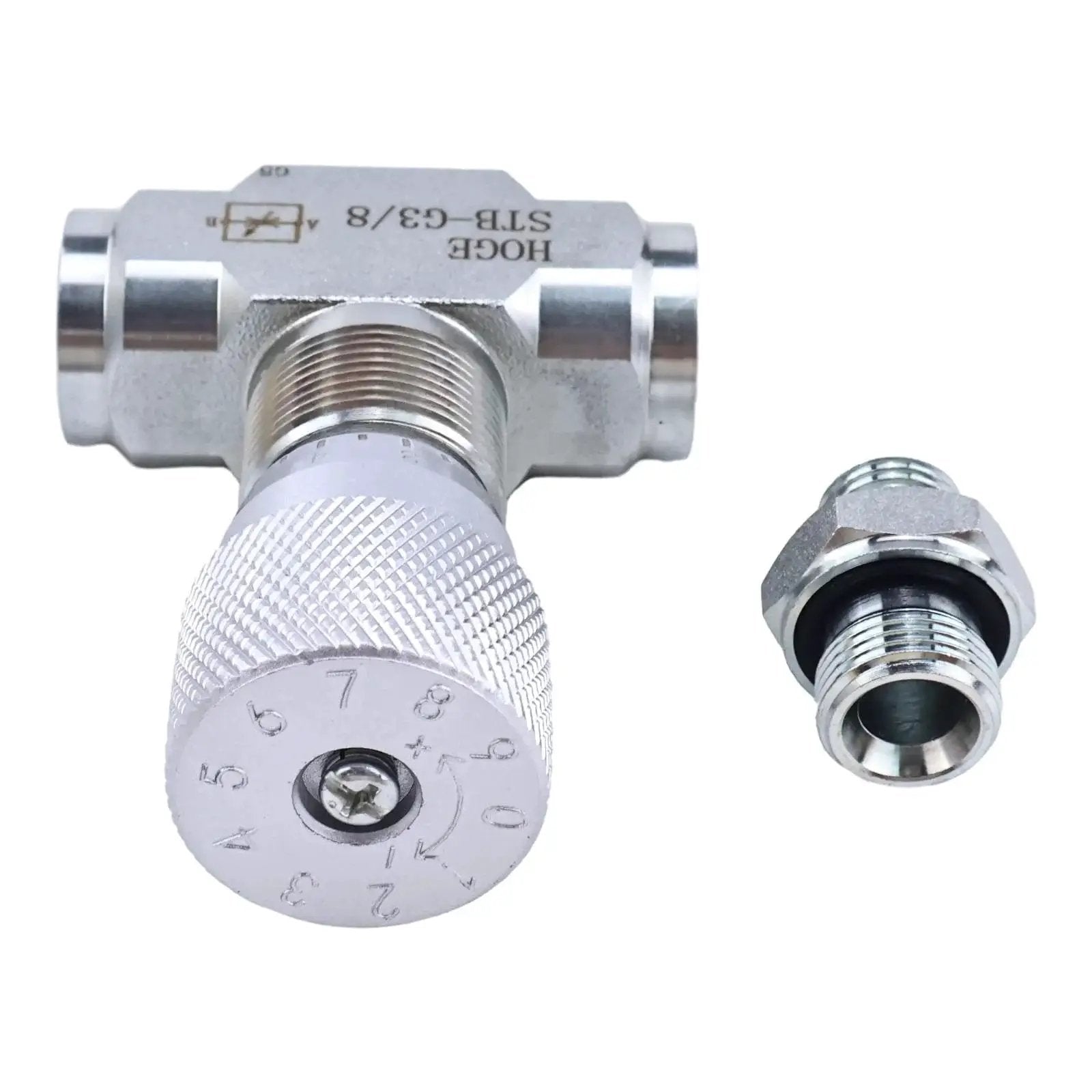 Hydraulic Flow Control Valve Bidirectional Throttle Valve STB-G3/8 Fits Mini Excavator with L8 Connectors, front view