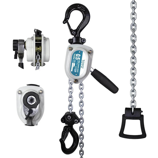 Mini Chain Hoist 1100Lb Manual Lever Hoist One Half Ton Mini Puller 10Ft Hand Lever Chain Hoist with hooks and chain close-up.