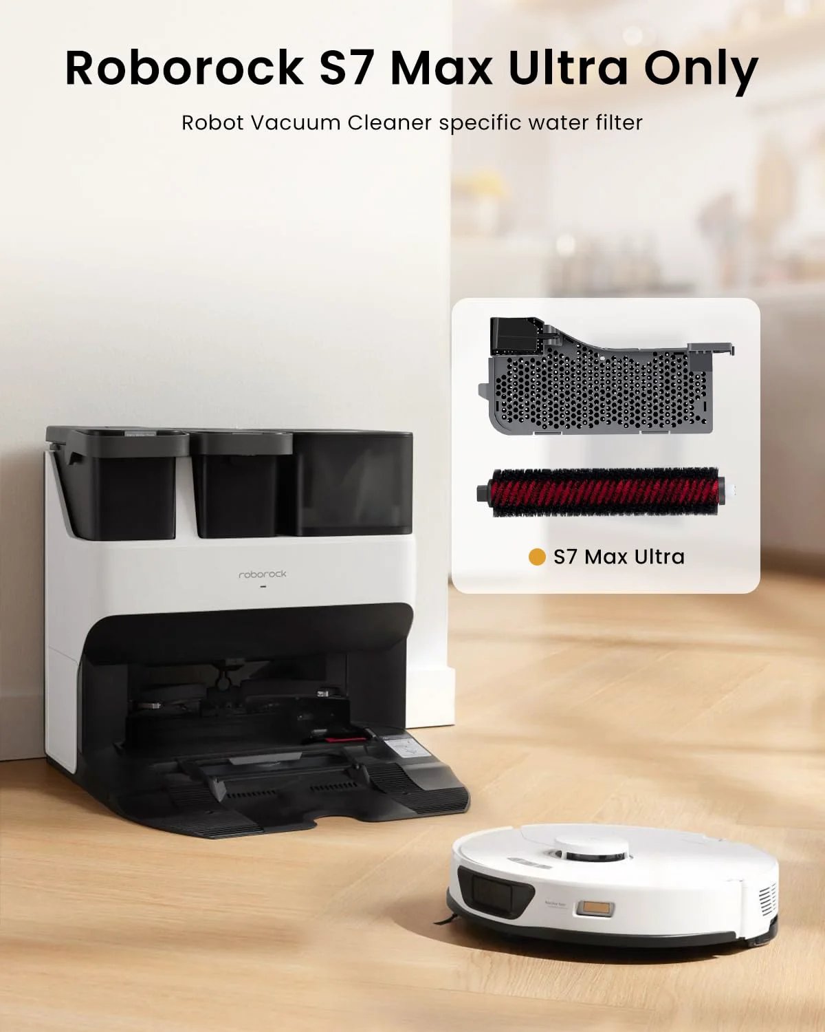 2 Pack Replacement Parts For S7 Max Ultra Roborock Vacuum Accessories Kit Including High Speed Cleaning Brush And Dock Station Water Filter Superior Quality Parts For Easy Maintenance And Optimal Dirt Pickup with dock station and vacuum.