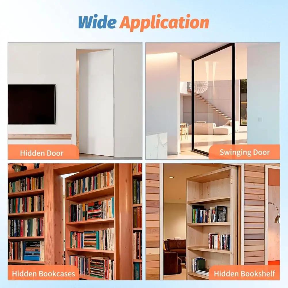 Image of hidden door hinge applications including hidden bookcase doors, swinging doors, and concealed bookcases in home settings.