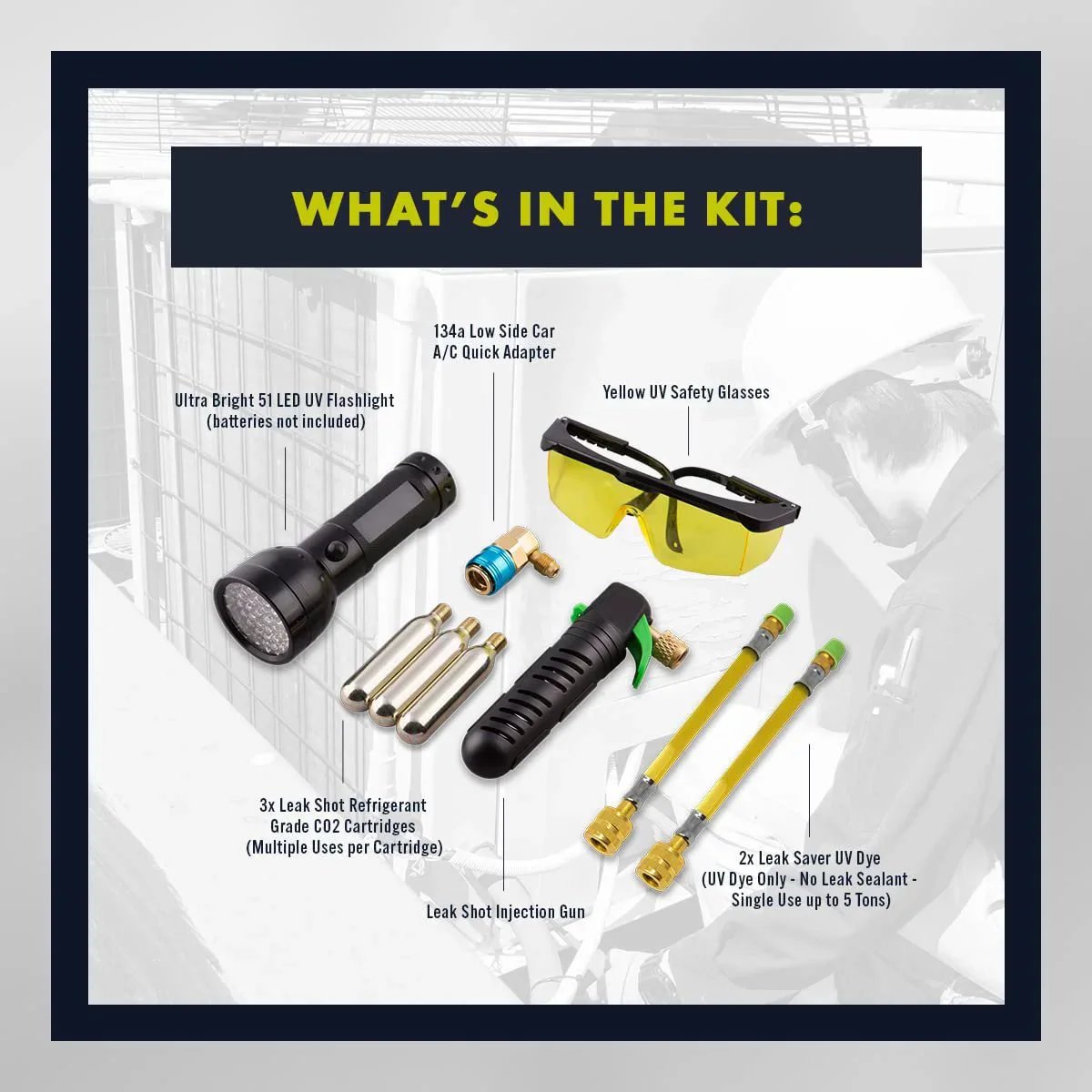 Image of Ultra Bright UV Dye Inject Kit For Quick Leak Detection In Automotive, Home, Marine And Commercial HVAC Refrigeration, Mess Free Dye Injection, Illuminates Brightly At Leaks Made In USA By Leak Saver, showing flashlight, safety glasses, and adapters.