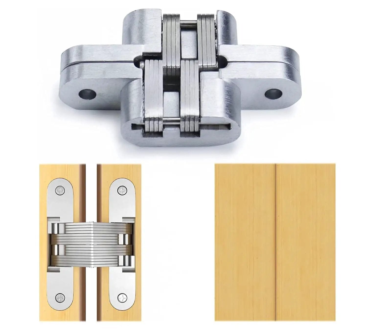 Hidden Door Hinge Set Stainless Steel Hidden Barrel for Wooden Doors and Cabinets Silver Finish 1 Pair installed and showing joints