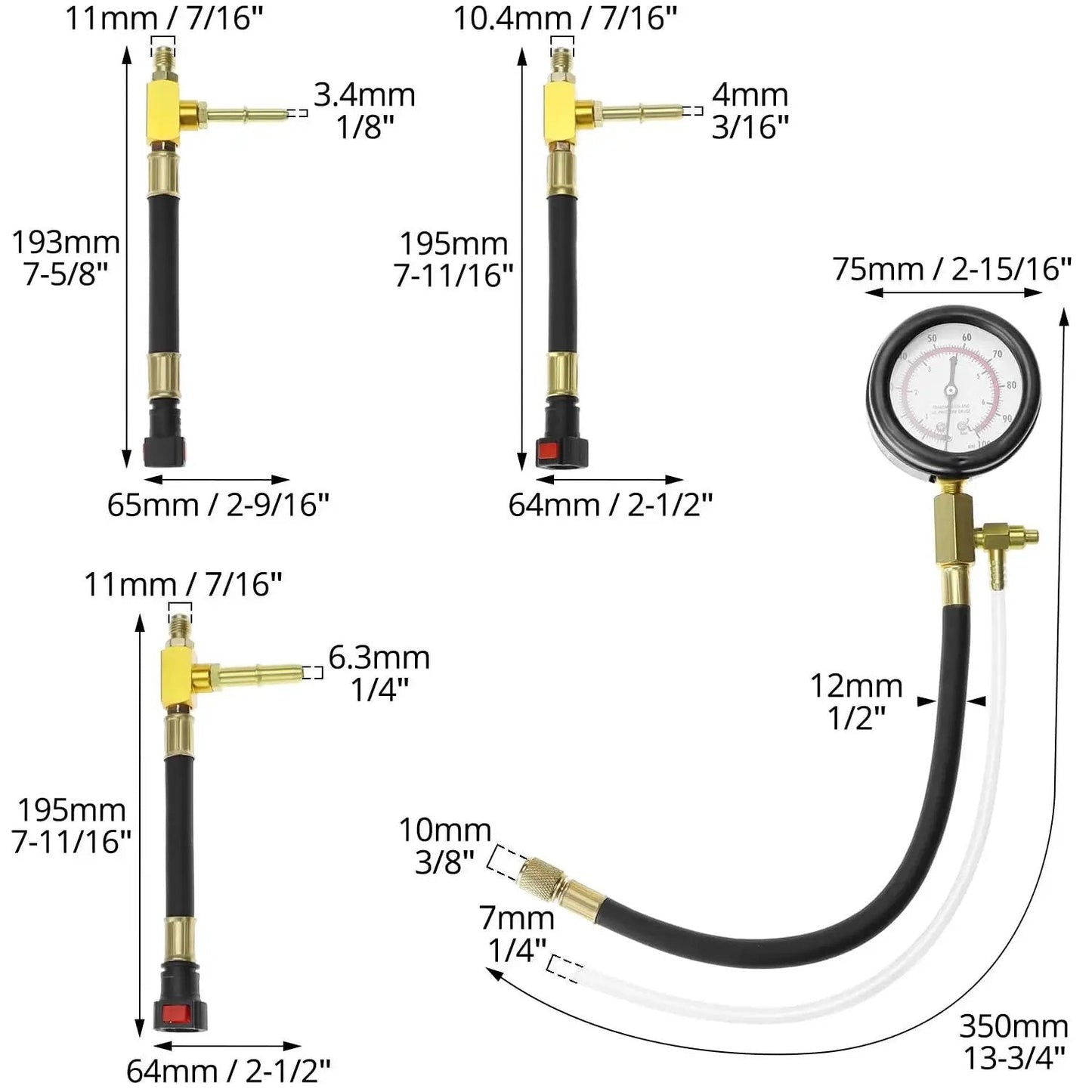 Universal Fuel Pressure Test Kit With Dual Gauge 0 To 7 Bar 0 To 100 PSI with brass adapters and measurement sizes