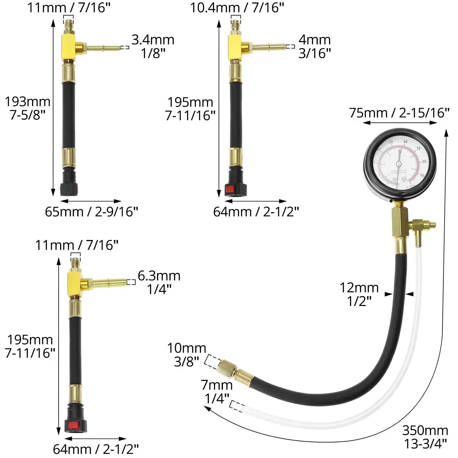 Universal Fuel Pressure Test Kit With Dual Gauge 0 To 7 Bar 0 To 100 PSI with brass adapters and measurement sizes