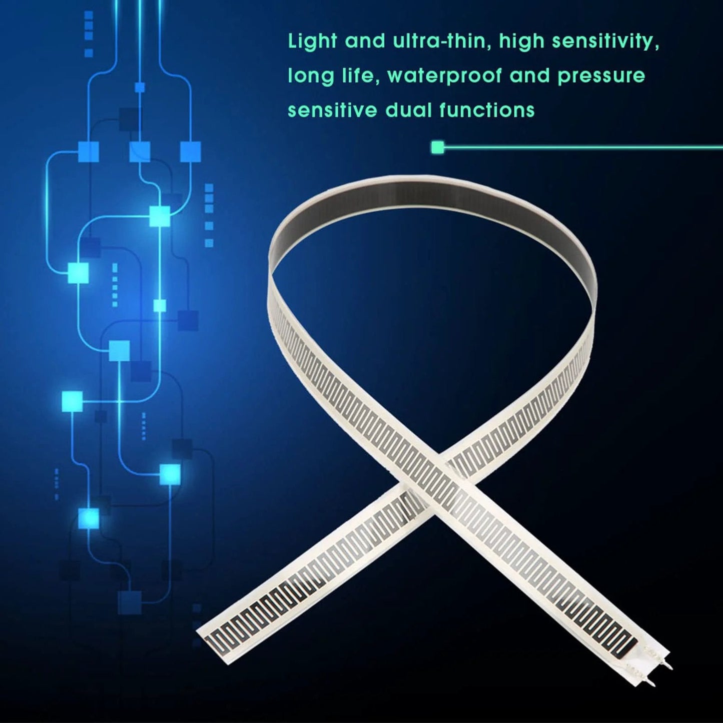 Ultra Thin Film Pressure Sensor Strip SF15 600 10kg, flexible force sensor FSR in a curved view with electronic circuit background