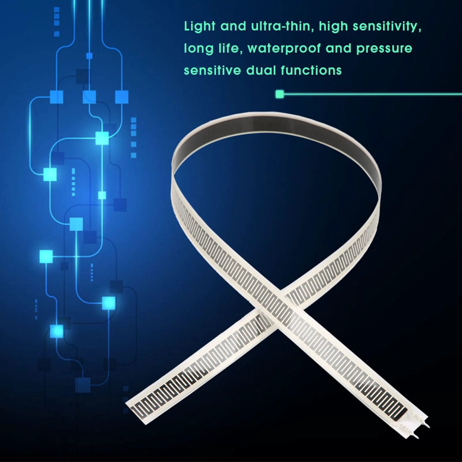 Ultra Thin Film Pressure Sensor Strip SF15 600 10kg, flexible force sensor FSR in a curved view with electronic circuit background