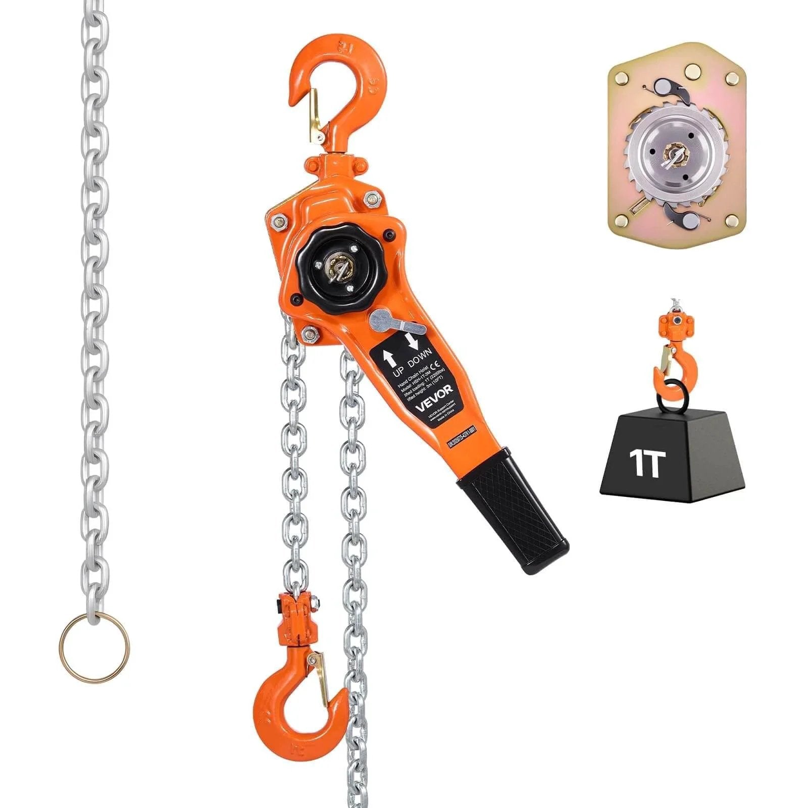 1 Ton Lever Chain Hoist With 10 Ft Lift G80 Chain Dual Pawl Mechanical Brake 360 Degree Hooks shown with gear detail and 1T weight block