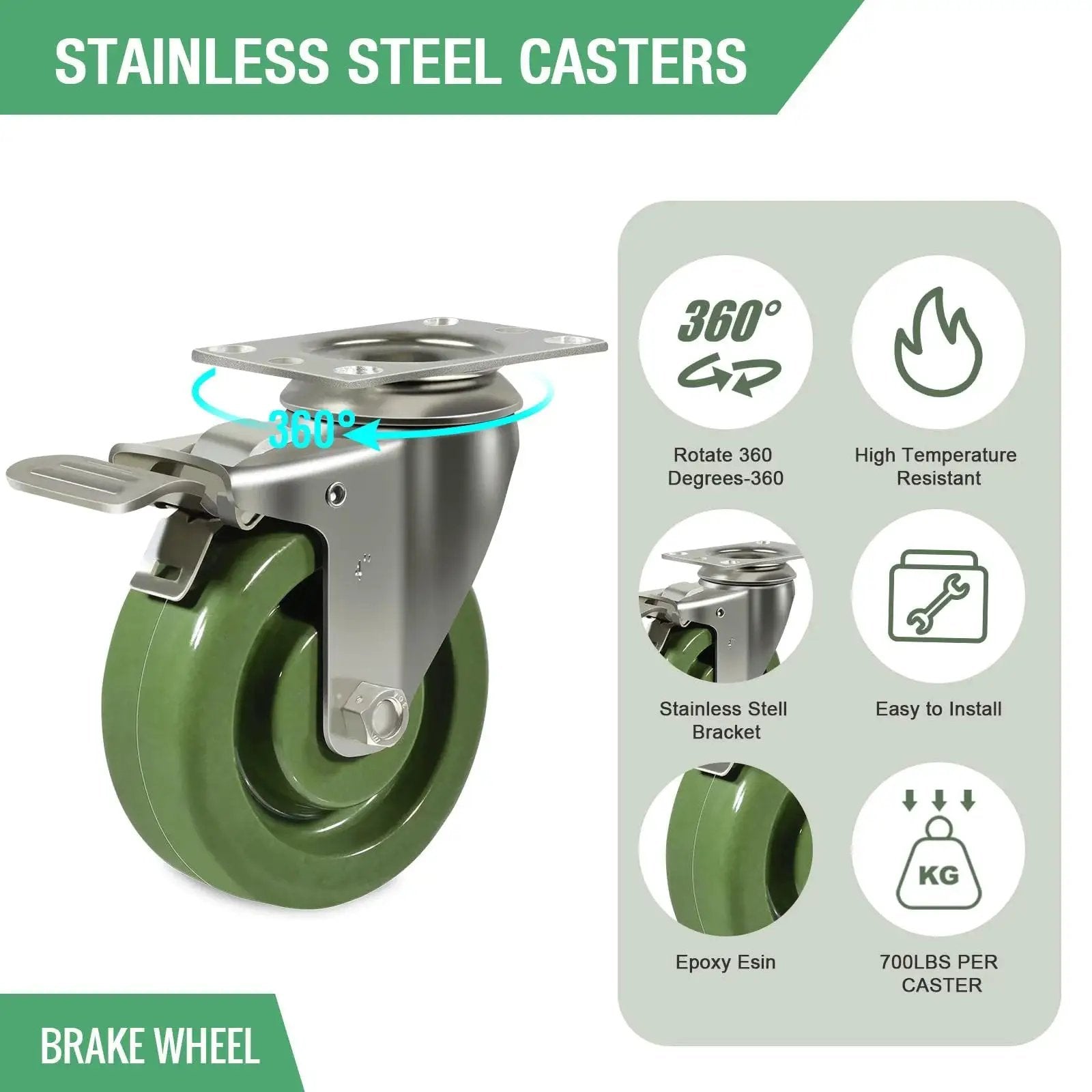 Stainless Steel Caster Set 4 Pack 4X1.5 Inch Beefy Hi Temperature Wheels For Oven Racks with Total Lock Brake System