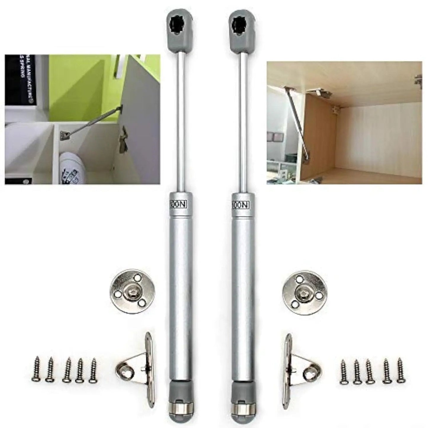 Image of Soft Close Cabinet Hinges With Gas Spring Lid Support For Kitchen Cabinets Hydraulic Lift Set Of 2. Includes two hinges with 100N gas springs, mounting plates, and screws for easy installation.