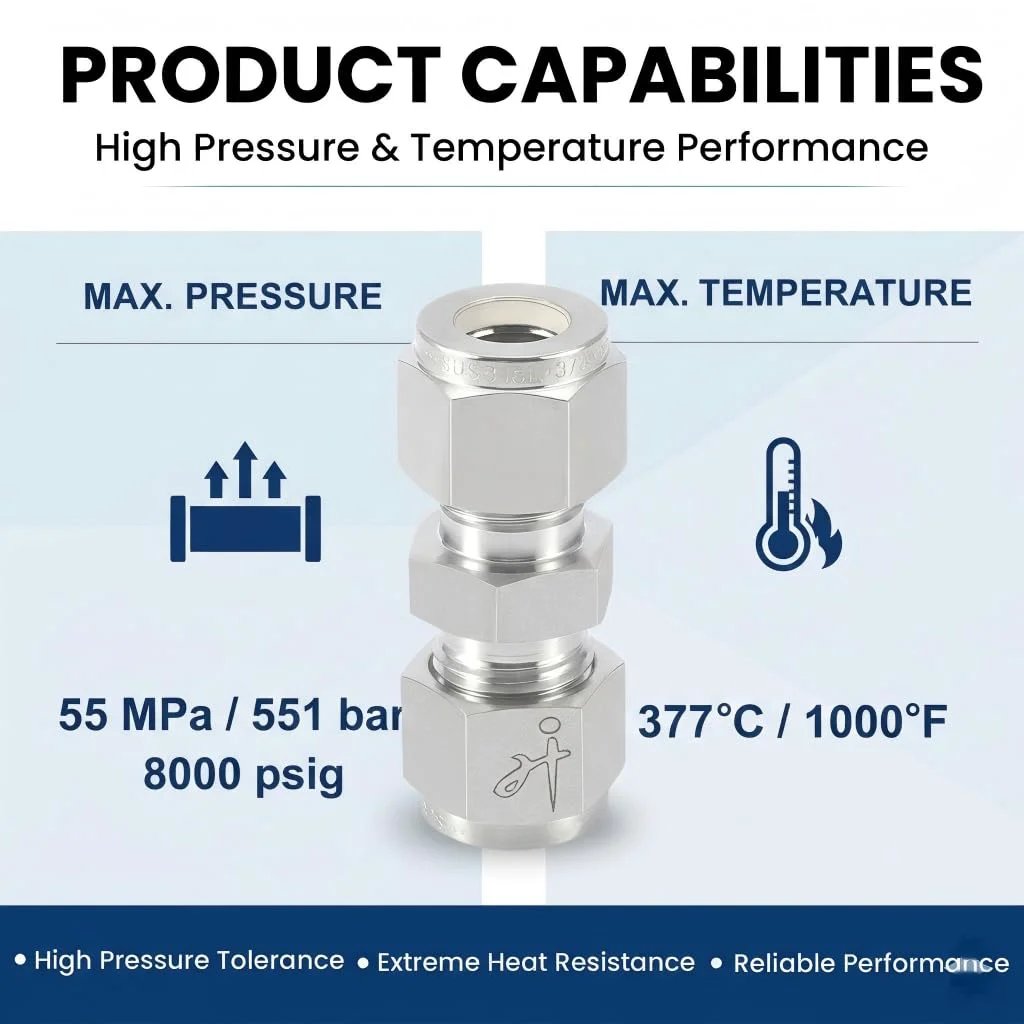 316 Stainless Steel Compression Tube Fitting 8mm OD x 8mm OD Straight Union Adapter Connector With Double Ferrules For Oil Chemical And Natural Gas Lines Built To Last displayed with max pressure and temperature ratings