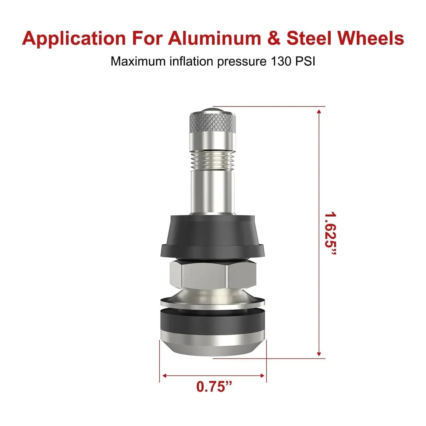 Close-up view of a metal tire valve stem for aluminum and steel wheels, 1.625 inch length, 0.75 inch width, max pressure 130 PSI.