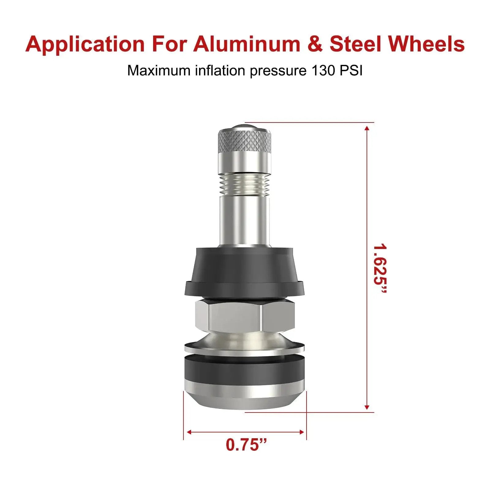 Close-up view of a metal tire valve stem for aluminum and steel wheels, 1.625 inch length, 0.75 inch width, max pressure 130 PSI.