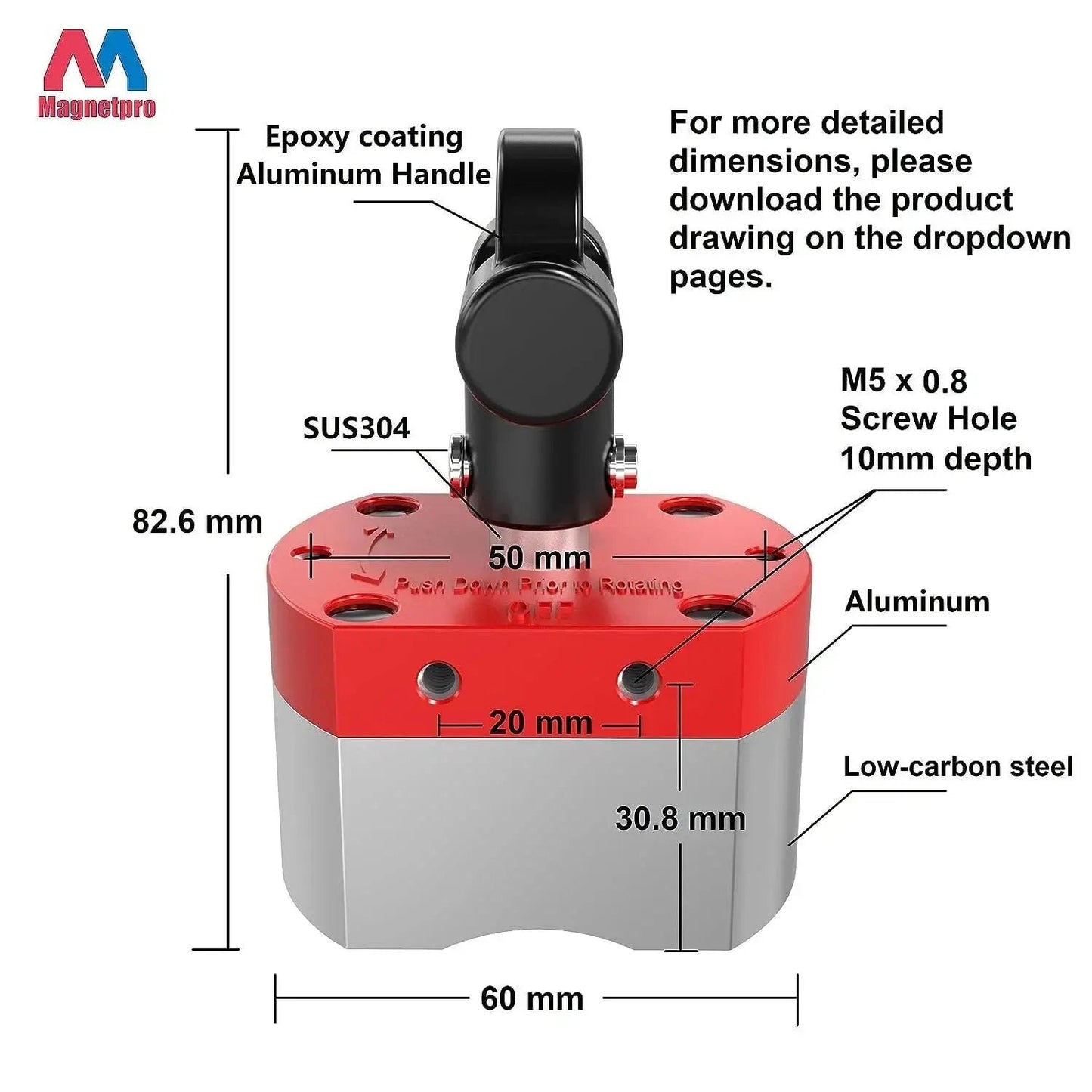 Switchable Magnetic Lifter With 220 Lb Pull Off For Lifting And Positioning, front view showing dimensions and materials.