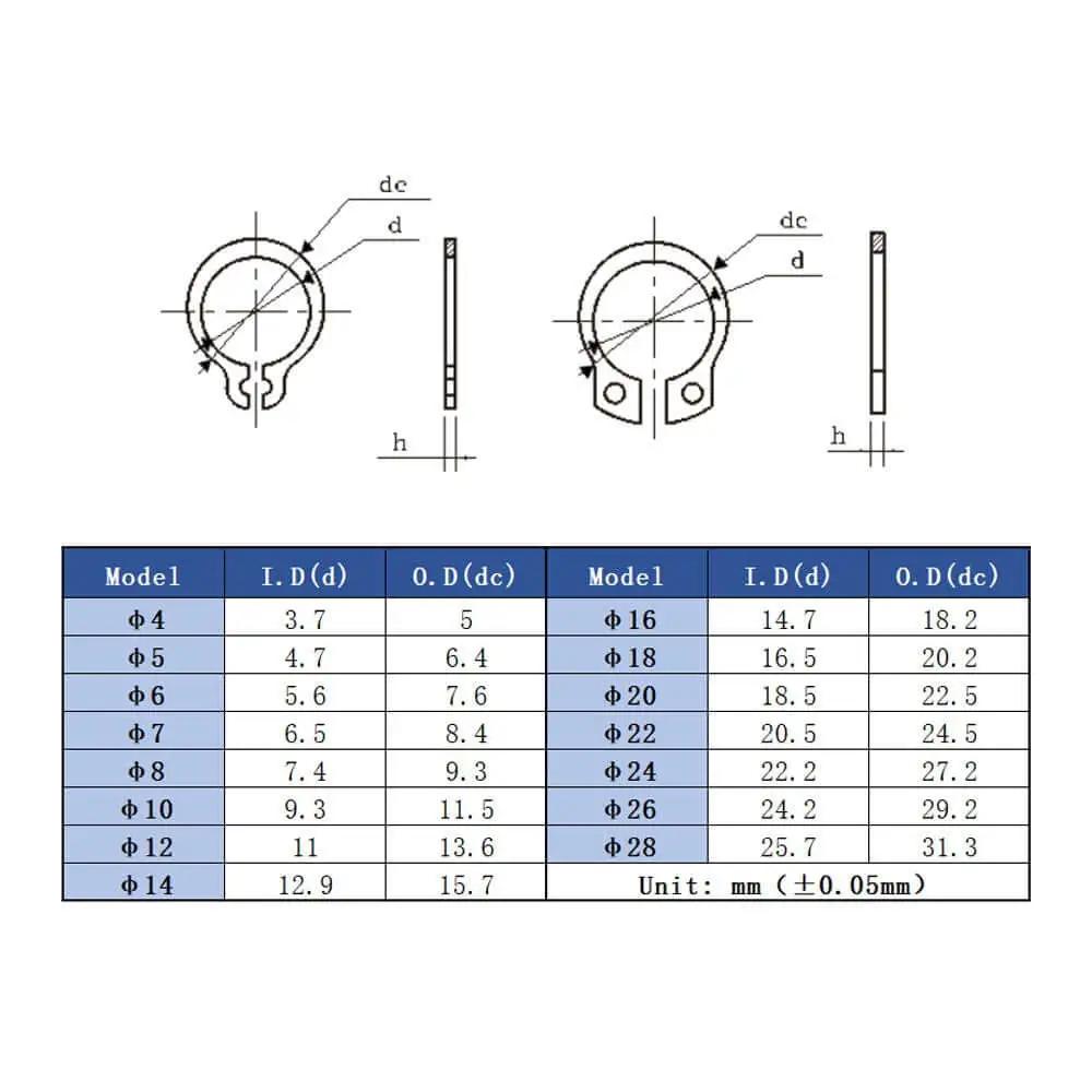 Diagram of External Circlip Snap Ring Set for Retaining Clips, showing 15 metric sizes from Ø4 to Ø28 with measurements