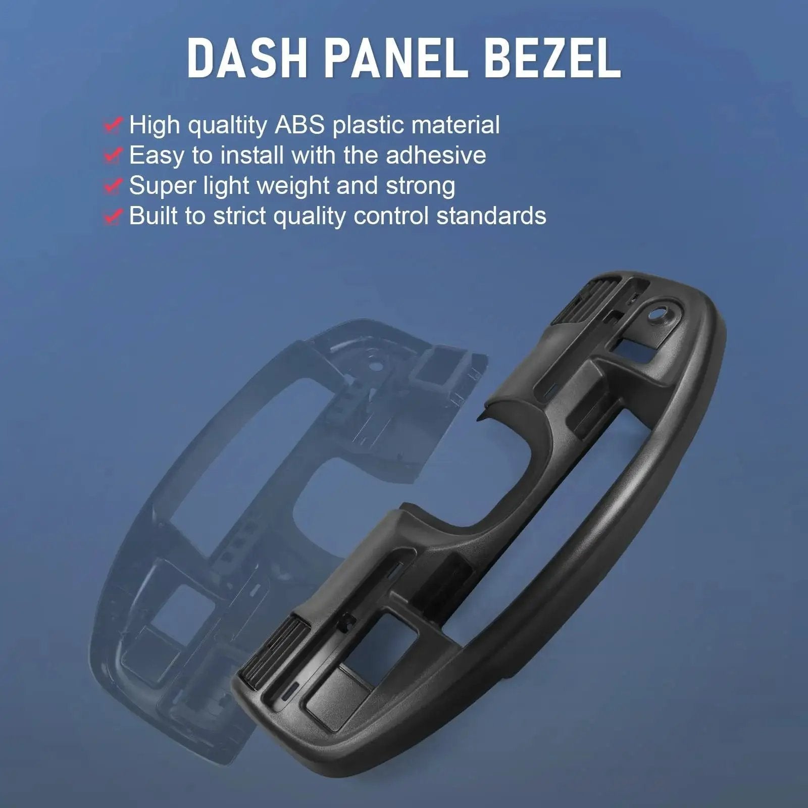 Side view of Diesel Instrument Dash Cluster Bezel for 1994-1997 Ford F-250 F-350 Super Duty, black ABS plastic panel