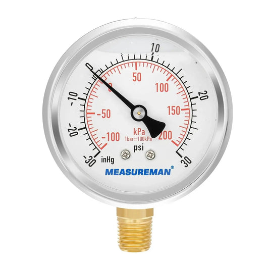 Glycerin-Filled 2-1/2 Inch Dial Pressure Gauge Built Tough With Stainless Steel Case And Brass Inside, 1/4 Inch NPT Lower Mount