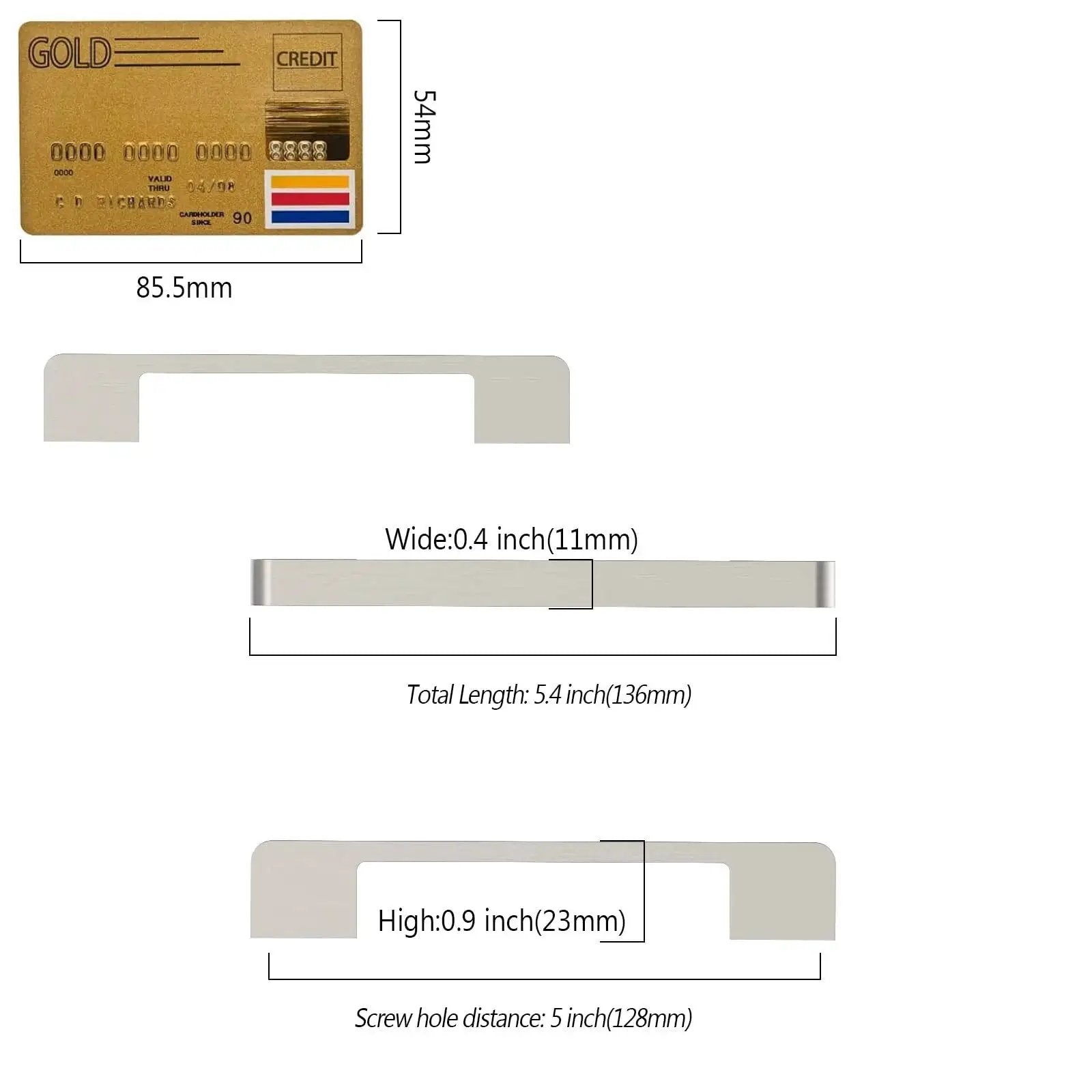 Dimensions of Brushed Satin Nickel Cabinet Pulls 5 Inch 128mm Hole Centers Pack of 10 shown with credit card size comparison