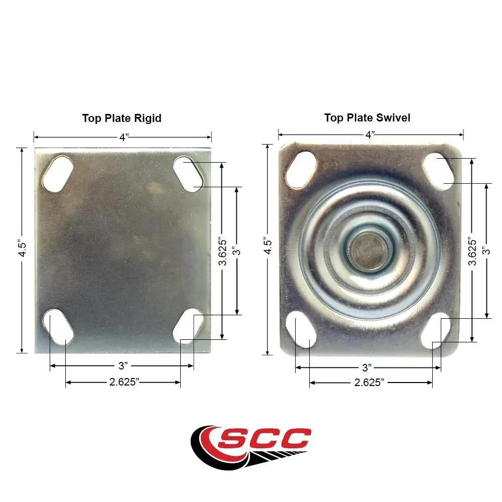 Heavy Duty High Temperature Phenolic Swivel Top Plate Caster Set Of 4 With 6 Inch Wheels Includes 2 Swivel With Brakes And 2 Rigid 4800 Lb Total Capacity Service Caster Brand Built For Tough Hot Working Conditions. Image of top plate dimensions for swivel and rigid casters showing detailed measurements.