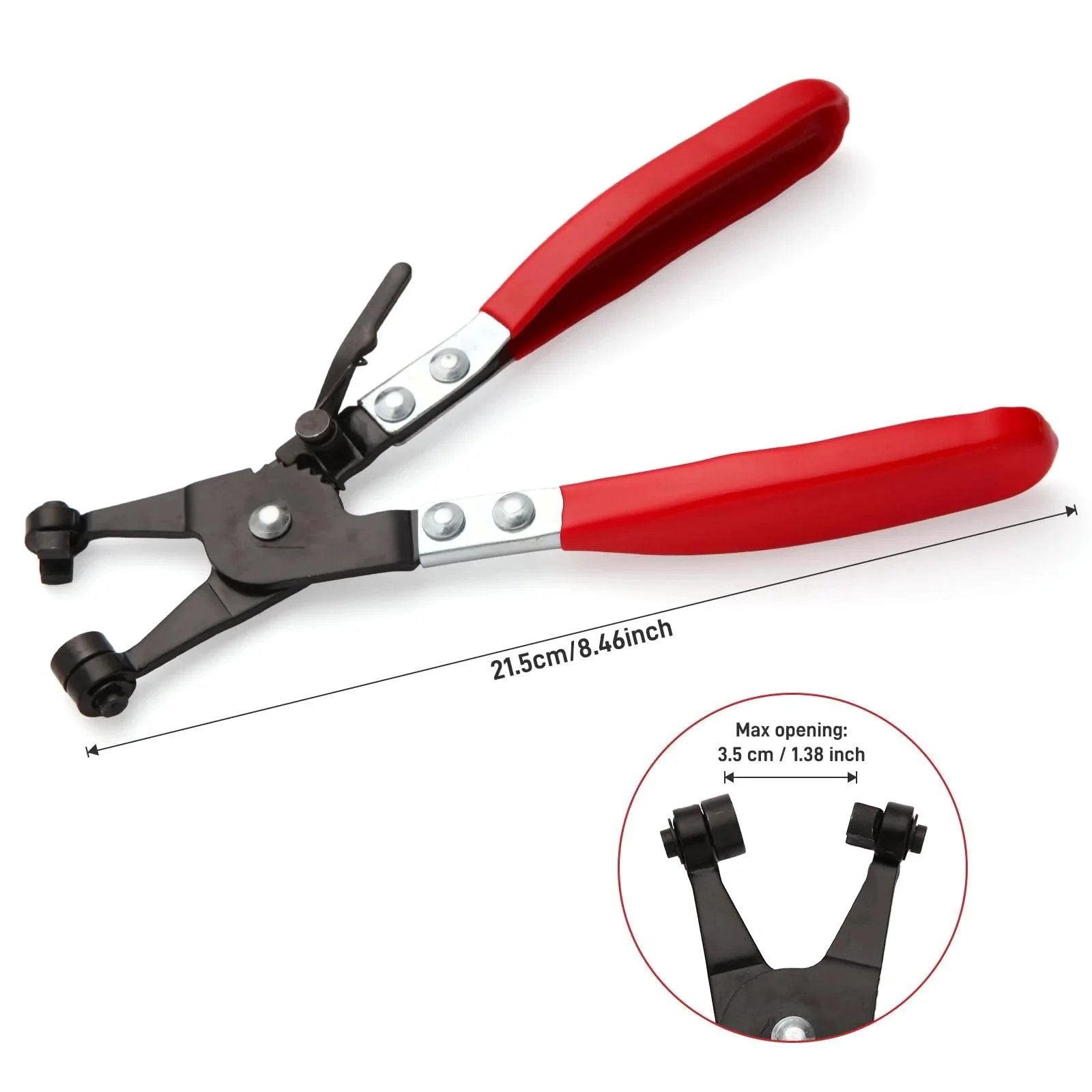 Hose Clamp Pliers for Automotive Use With Swivel Flat Band for Easy Removal and Precise Installation of clamps, red handles