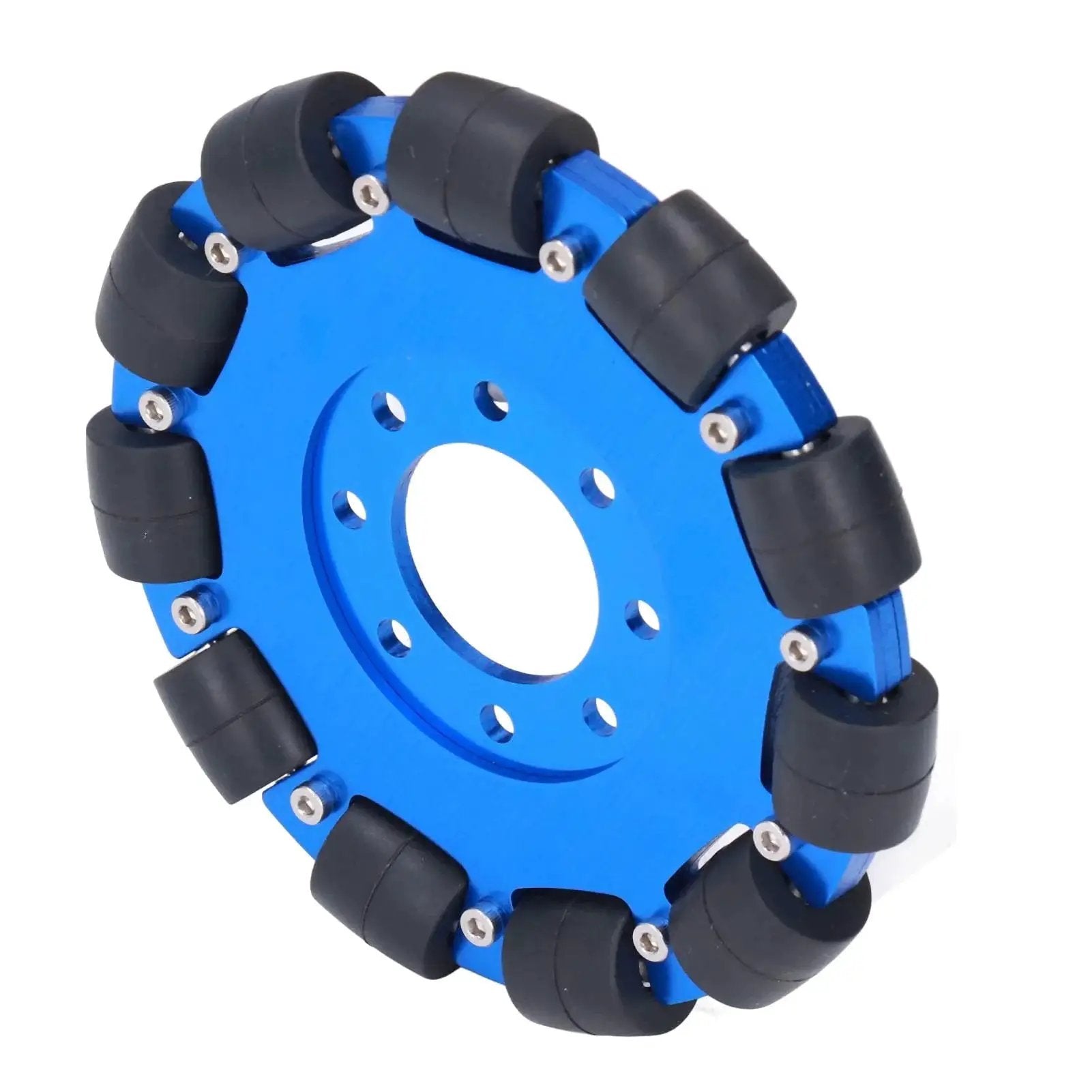 Five Inch Omnidirectional Aluminum Alloy Hub Wheel For Robot DIY with blue frame and silicone rollers, ideal for robotic mobility
