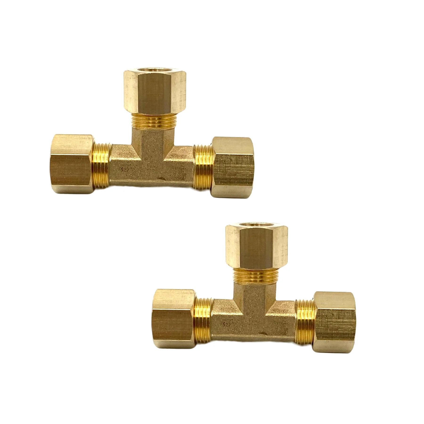 2 Pack 3/8 Inch Brass Compression Tee Fittings Copper Tubing 3/8 Inch OD 3 Way T Fitting For Gas Lines Oil Pressure Gauges
