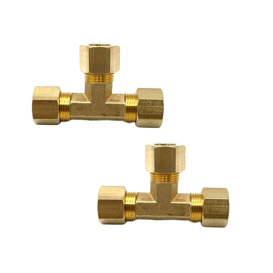 2 Pack 3/8 Inch Brass Compression Tee Fittings Copper Tubing 3/8 Inch OD 3 Way T Fitting For Gas Lines Oil Pressure Gauges