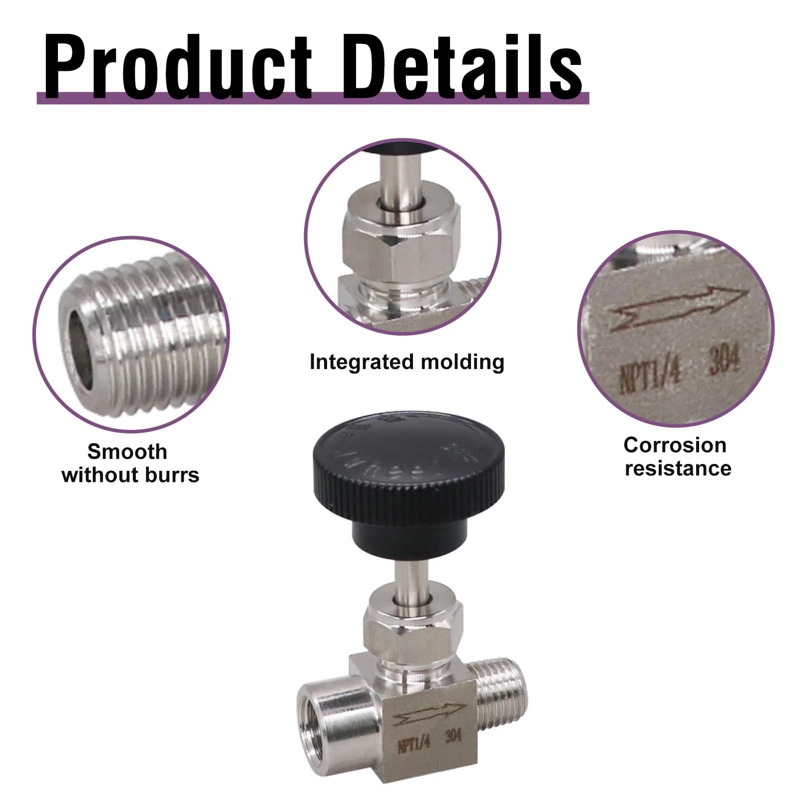 Stainless Steel Needle Valve 1/4 NPT Female to 1/4 NPT Male for Oil and Water, Precise Flow Regulation With 360 Degree Handwheel, Industrial Valve 304