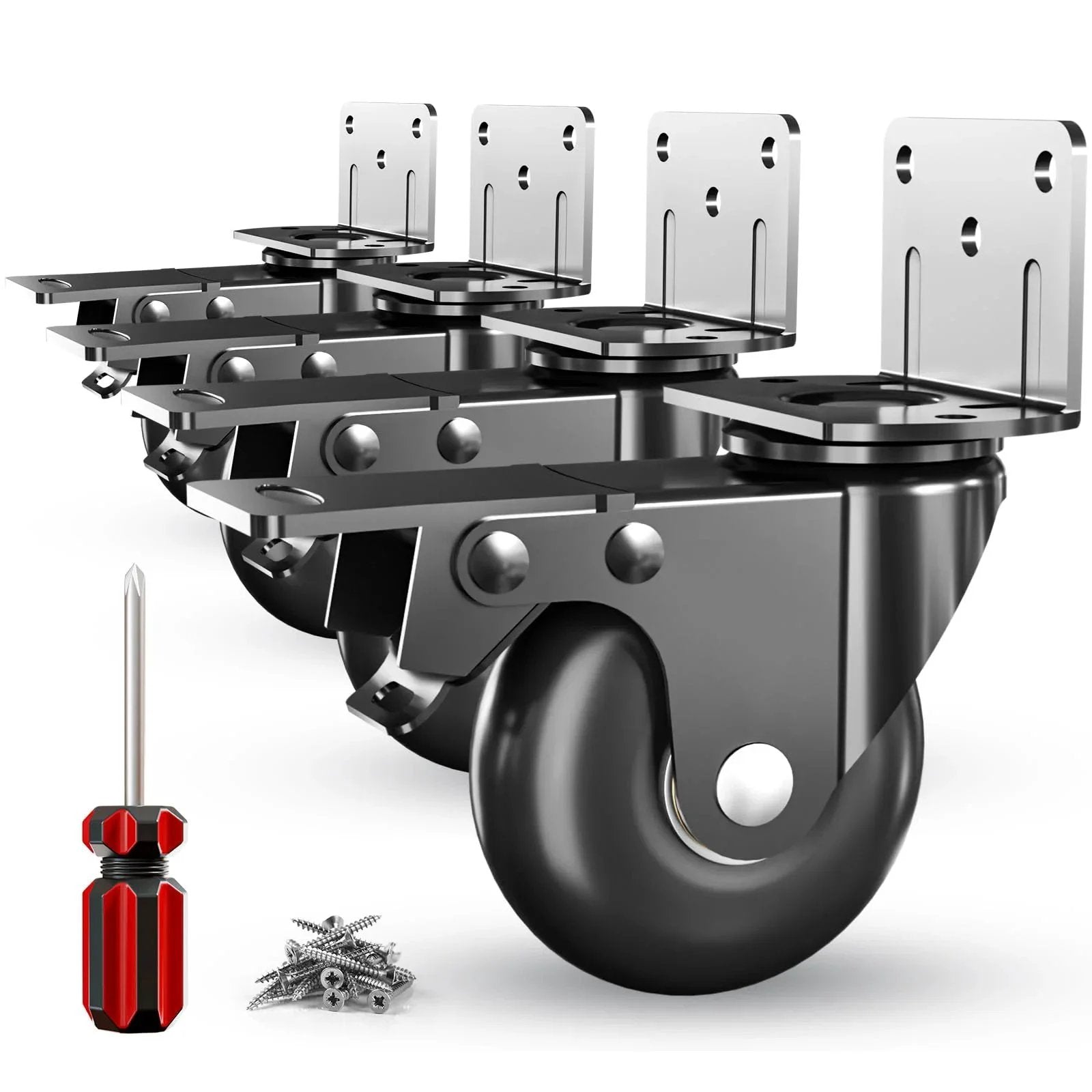Side Mount Plate Caster Wheels Set Of 4 With Brakes, Heavy Duty 800 Lbs Capacity, 360 Degree Swivel shown with screws and tool