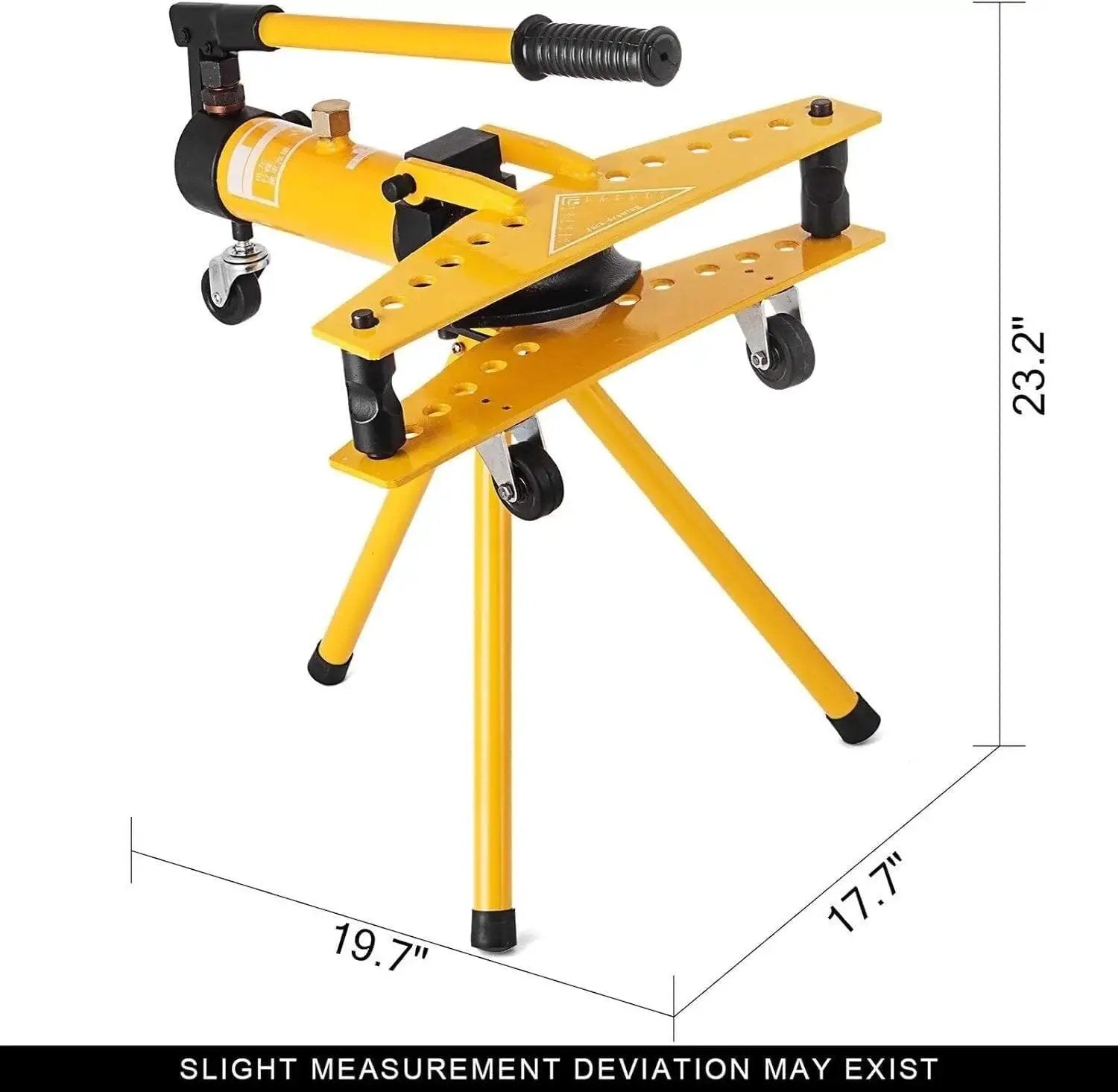 Mechanical and Manual Hydraulic Pipe Bender for 13mm to 34mm Pipes with Die Set, yellow frame and hand lever on stands.