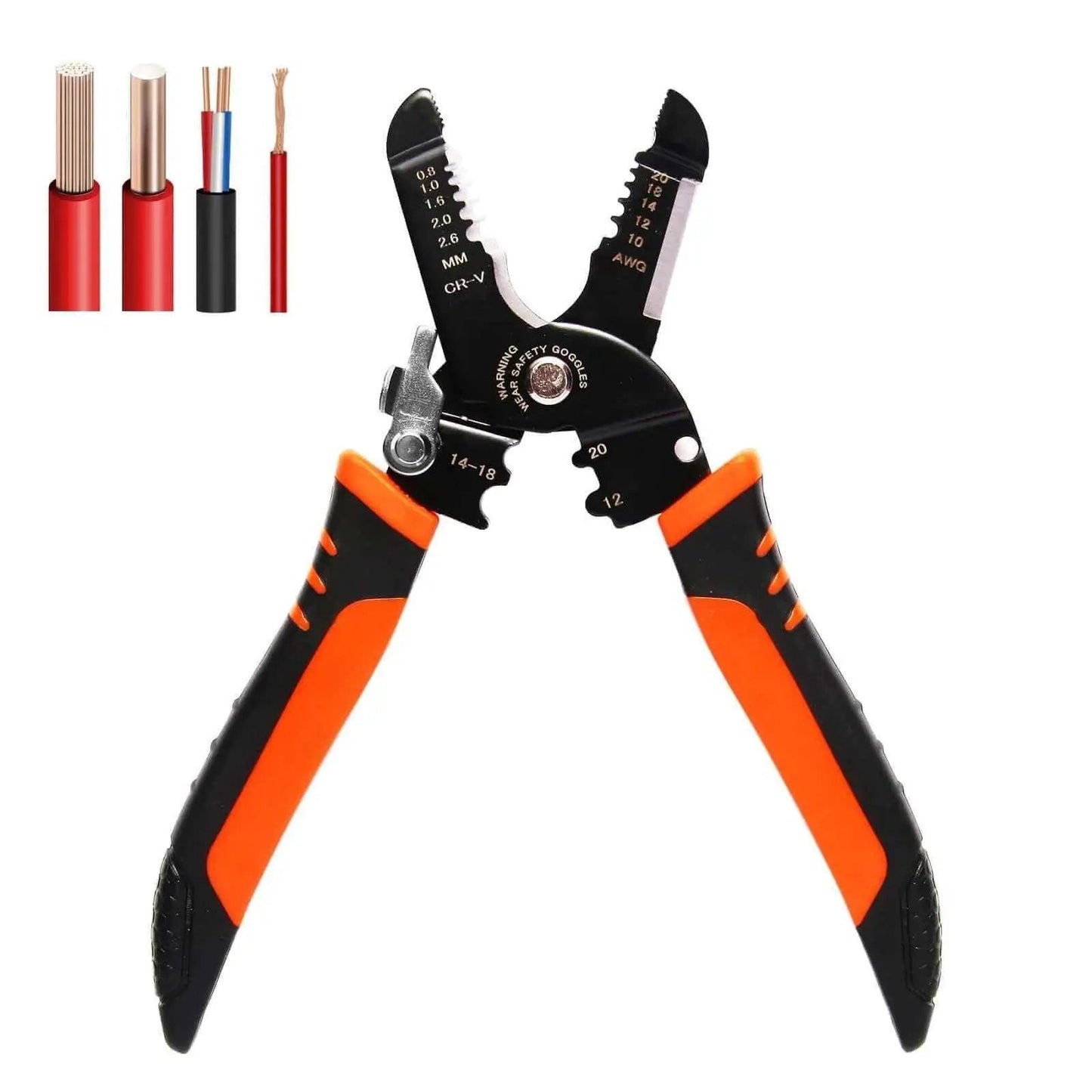 Five In One Wire Stripper And Crimping Tool For Ten To Twenty Two AWG Electrical Wires with orange handles and wire examples.